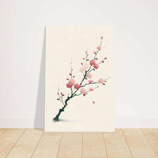 Minimalist art of a single cherry blossom branch with pink flowers and soft green leaves on a plain background.