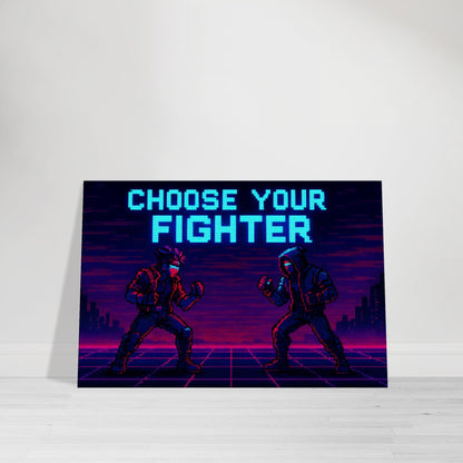 Retro pixel wall art of two neon cyberpunk fighters facing off on glowing battle stage.