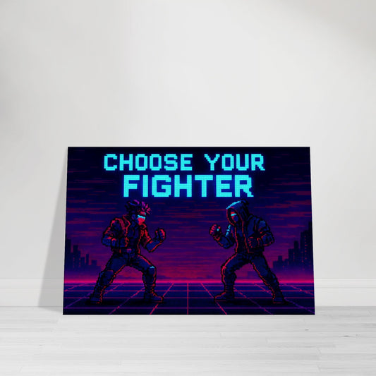 Retro pixel wall art of two neon cyberpunk fighters facing off on glowing battle stage.
