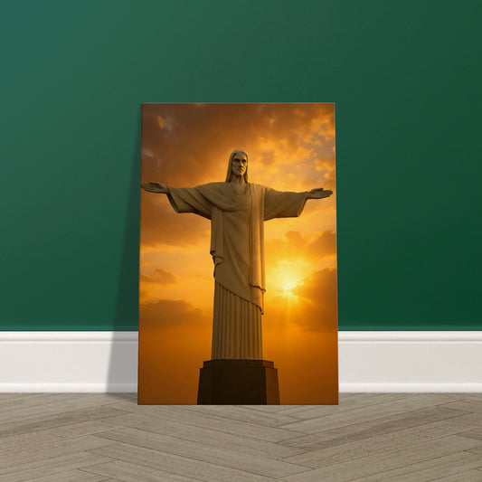 Christ the Redeemer statue with outstretched arms against a golden sunset sky with radiant sunbeams, 2:3 portrait, displayed on premium canvas wall art print.