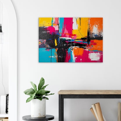 Landscape canvas with neon orange, magenta, and electric teal horizontal abstract strokes forming a dynamic composition.