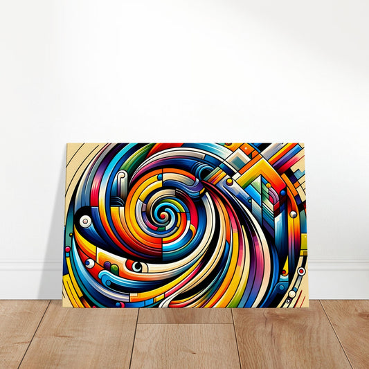 Abstract canvas featuring a circular whirl of bold, blended colours with geometric lines adding structure and motion.