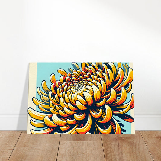 Pop art chrysanthemum with vibrant yellow and orange petals outlined in black against a bold blue background.