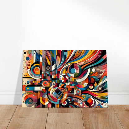 Abstract canvas featuring multicoloured circular patterns with dripped paint effects over a soft beige background.