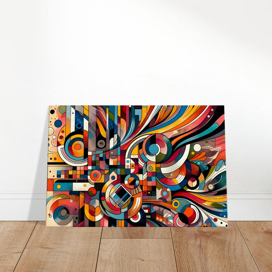 Abstract canvas featuring multicoloured circular patterns with dripped paint effects over a soft beige background.