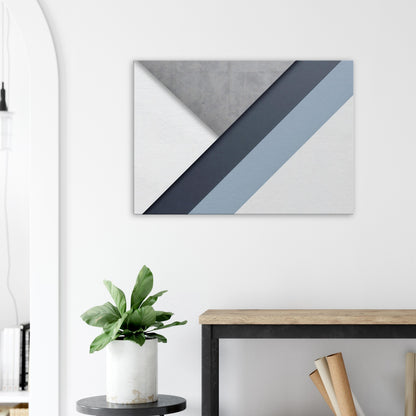 Landscape canvas with horizontal abstract layers of slate grey, steel blue, and muted white forming urban architecture-inspired textures.