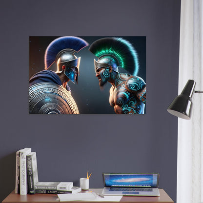 A Greek Hoplite and Maori warrior in glowing traditional attire face each other in a dramatic, shadowed battlefield scene.