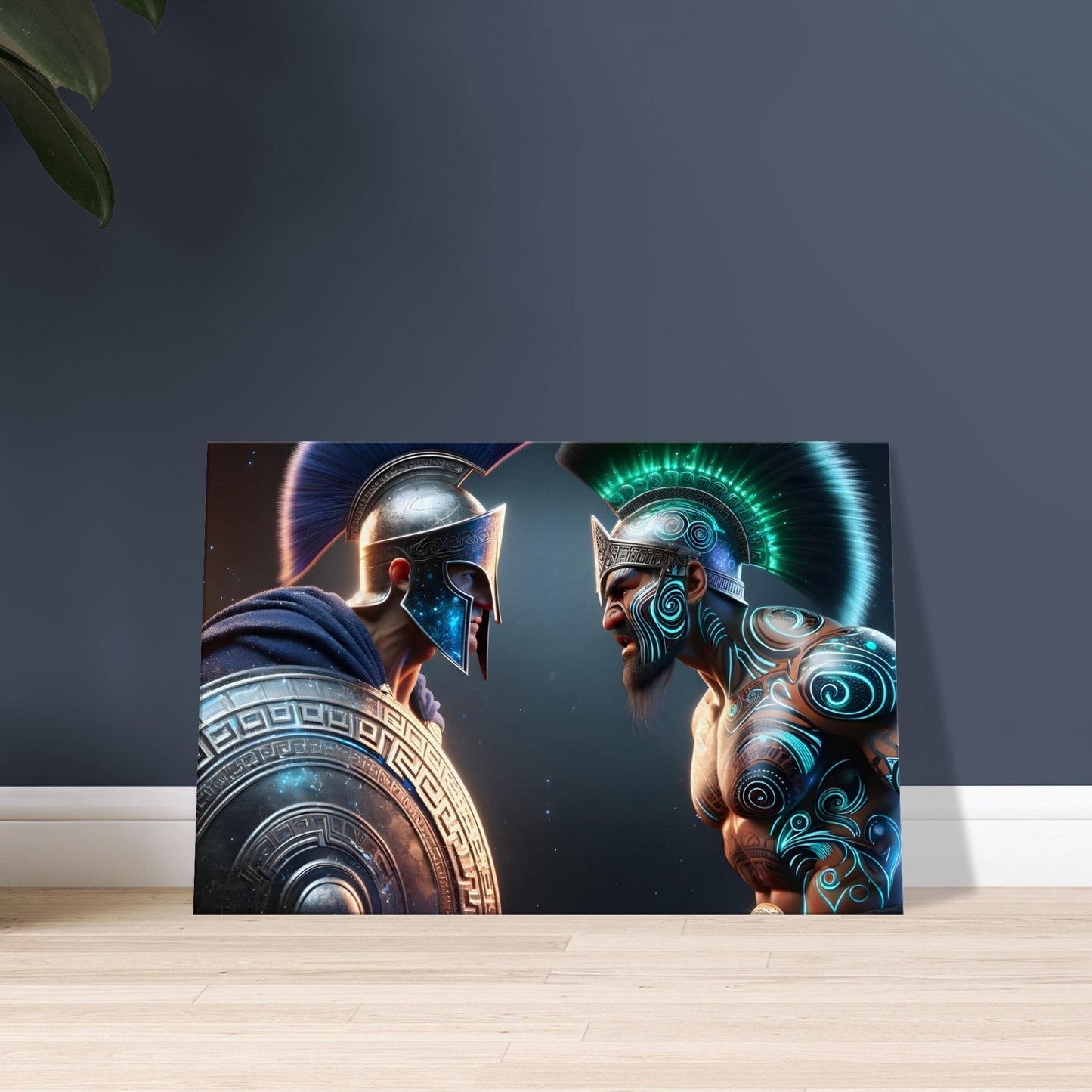 A Greek Hoplite and a Māori warrior in glowing traditional attire face each other in a cosmic-lit battlefield.