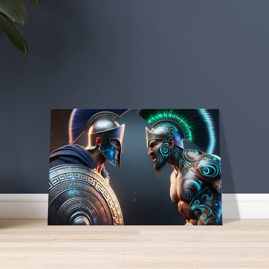 A Greek Hoplite and a Māori warrior in glowing traditional attire face each other in a cosmic-lit battlefield.