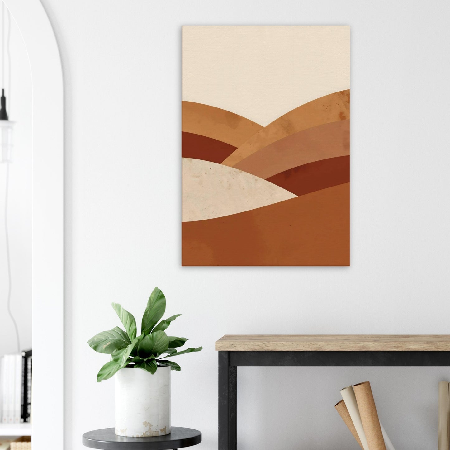 Portrait abstract canvas with clay, sienna, and cocoa vertical layered shapes.