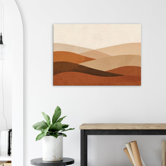 Earthy minimalist landscape canvas with layered clay, cocoa, and beige shapes.