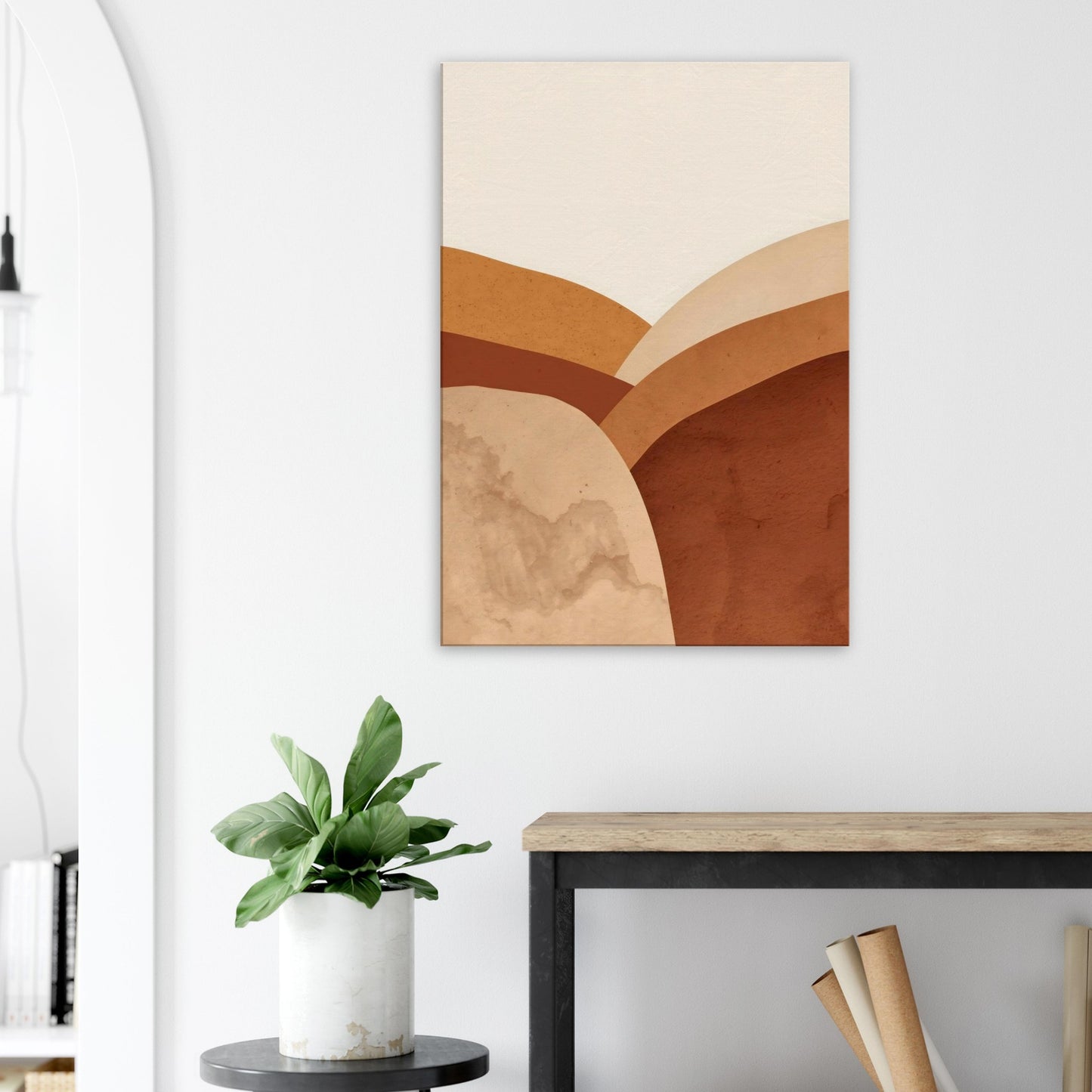 Portrait abstract canvas with warm clay, rust, and beige vertical layered shapes.