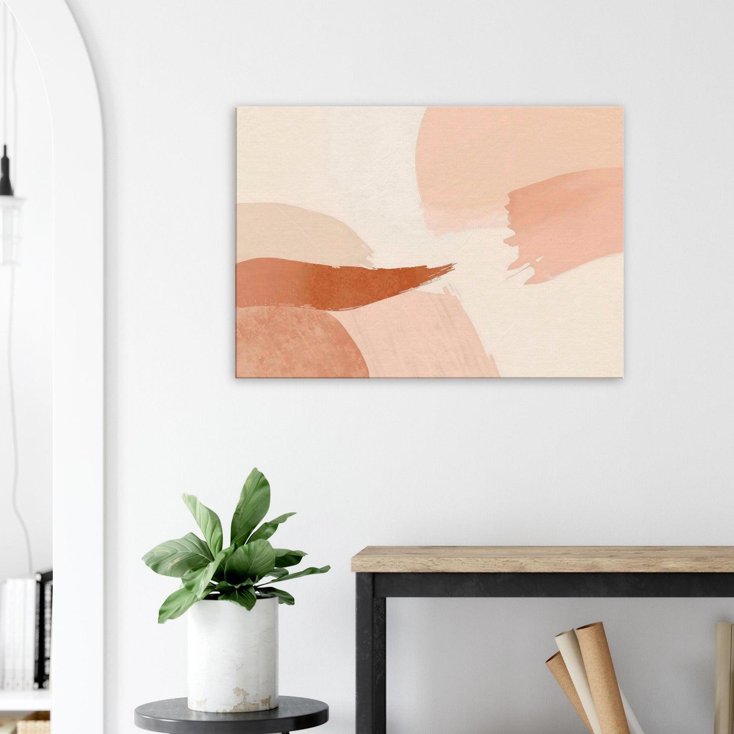 Canvas wall art wotj warm clay and blush abstract waves with smooth flowing shapes and soft gradients.