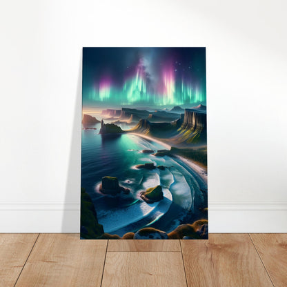 Aurora borealis in vibrant colors above a rocky coastal landscape with cliffs, beach, and tranquil water.