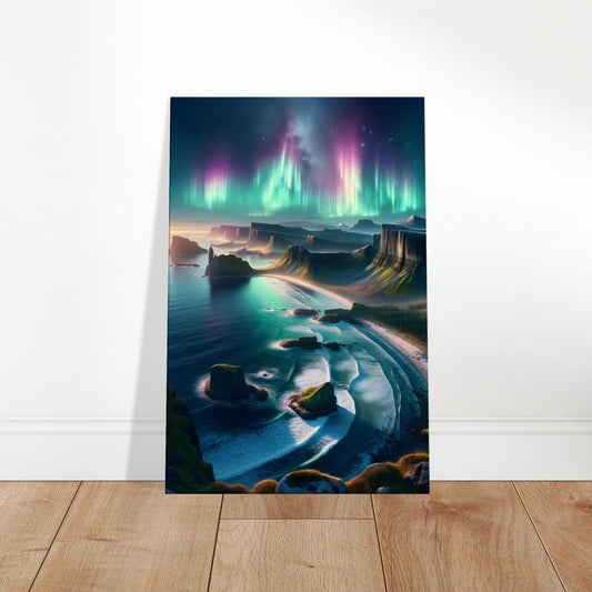 Aurora borealis in vibrant colors above a rocky coastal landscape with cliffs, beach, and tranquil water.