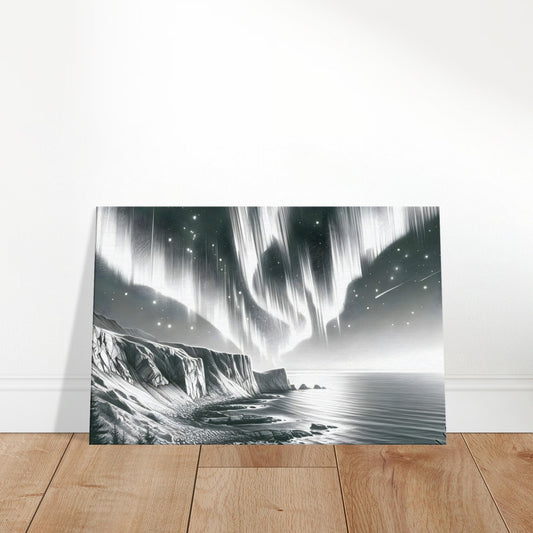Black and white sketch of aurora borealis over a rocky coastline with cliffs and a starry night sky.