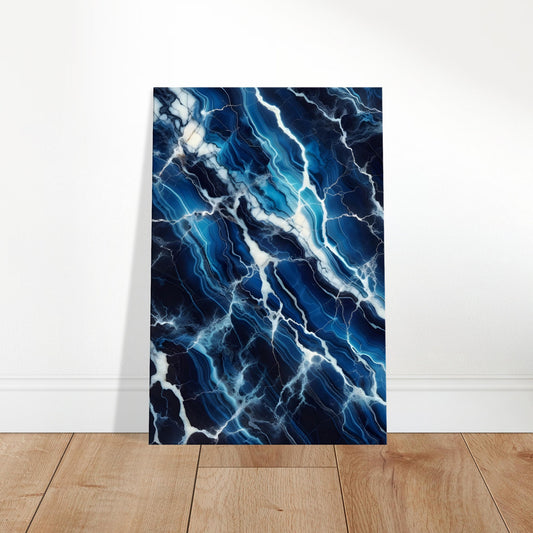 Cobalt blue marble wall art with silver and electric blue veining and a polished finish for dramatic visual impact.