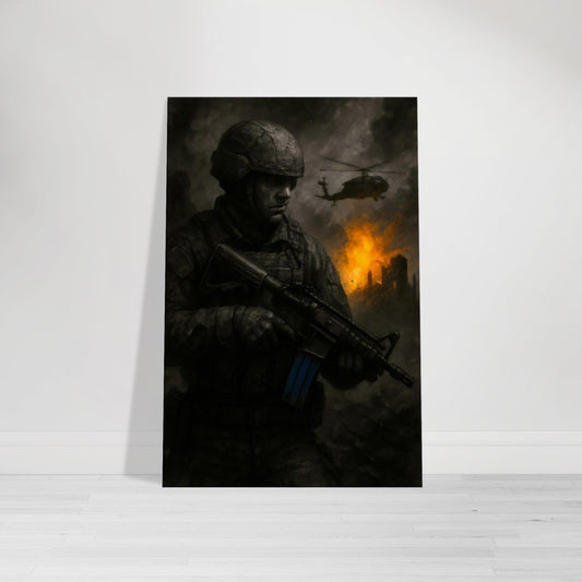 Cinematic military wall art featuring a soldier amid a battlefield inferno with helicopter overhead. Gritty, high-impact design for tactical-themed spaces.