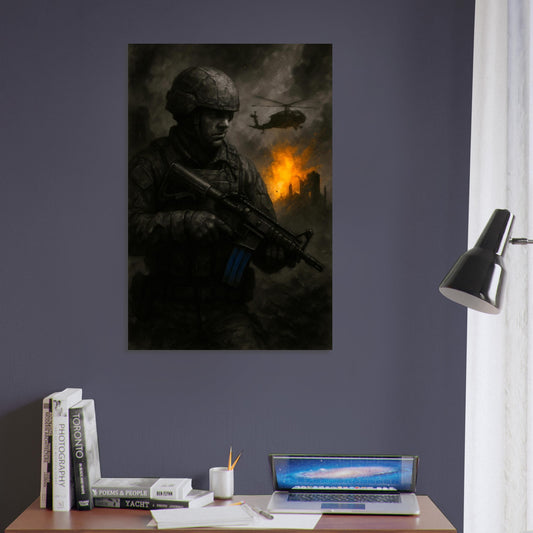 Cinematic military wall art featuring a soldier amid a battlefield inferno with helicopter overhead. Gritty, high-impact design for tactical-themed spaces.
