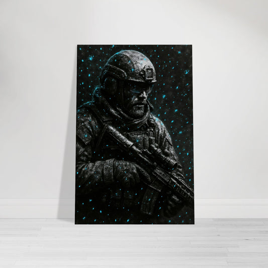 Stealth-themed snow-ops wall art featuring a soldier with vivid cyan-accented snowfall. Dark, rugged, and cinematic from the Warfare Division series.