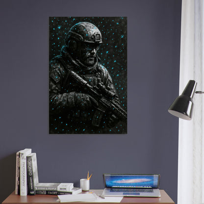 Lone operator in snowstorm with glowing cyan snowflakes and tactical goggles – Coldfront Silence metal poster.