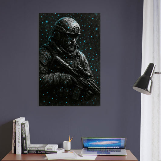 Lone operator in snowstorm with glowing cyan snowflakes and tactical goggles – Coldfront Silence metal poster.
