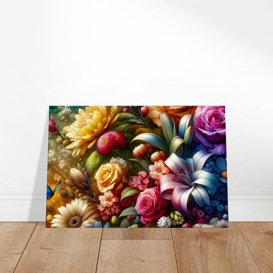 Botanical painting of vivid roses, tulips, and gerberas in bright colors set against a dark background with detailed petals and foliage.