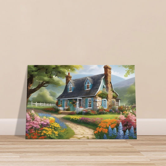 Charming blue country cottage with stone path, vibrant garden flowers, and rolling hills under a clear sky.