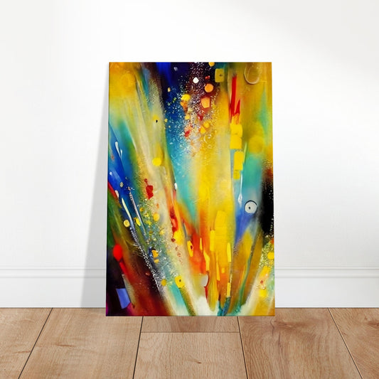 Abstract canvas featuring swirling bursts of red, blue, yellow, and green with textured dots and splashes.