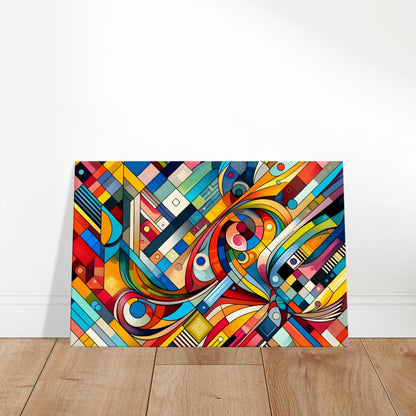 Abstract mosaic-style canvas featuring bold, saturated colours and overlapping geometric shapes in a vibrant composition.