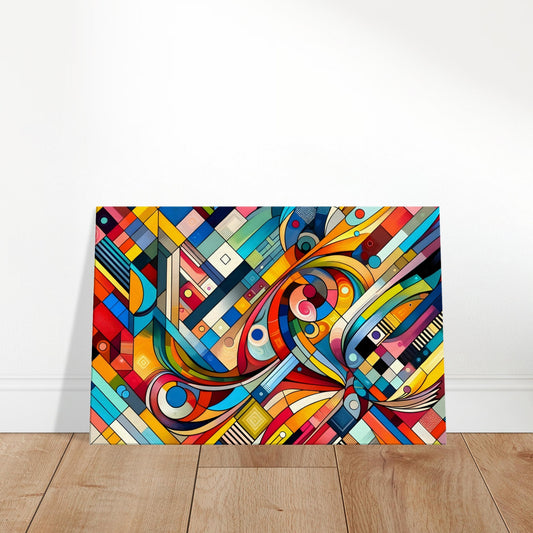 Abstract mosaic-style canvas featuring bold, saturated colours and overlapping geometric shapes in a vibrant composition.