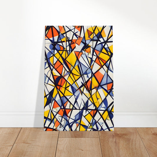 Abstract canvas featuring intersecting geometric shapes in bold primary colours, evoking a modern cubist style.