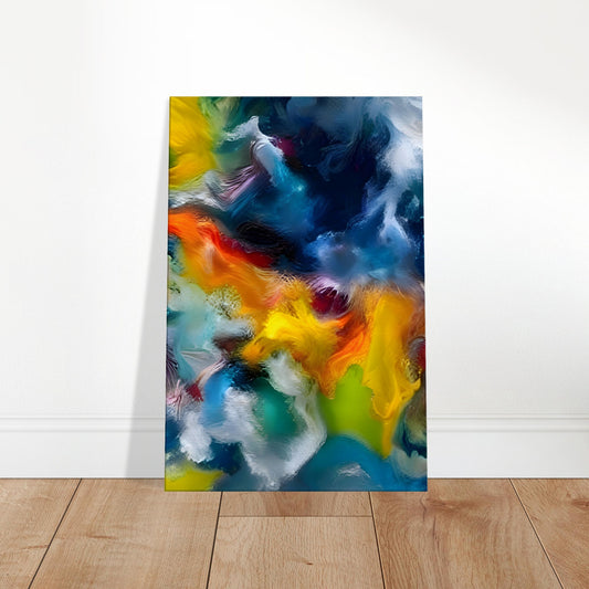 Abstract canvas with flowing swirls of blue, green, yellow, and red, resembling vibrant, translucent smoke.