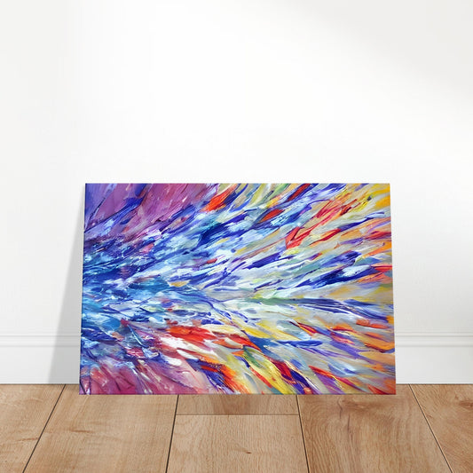 Abstract canvas with vivid splashes and bold brushstrokes in warm and cool tones, conveying energy and movement.