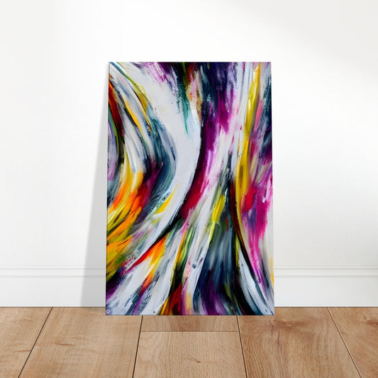 Abstract canvas with dynamic streaks of purple, red, yellow, and blue against a bold background, evoking swirling motion.