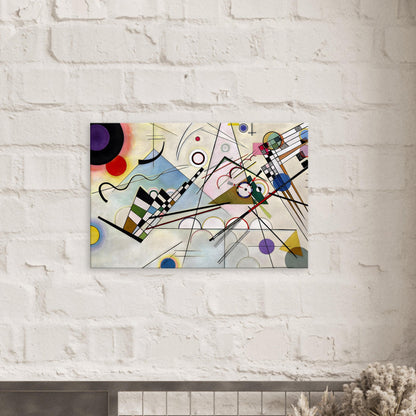 Canvas art reproduction of Kandinsky’s Composition 8, showcasing a bold abstract arrangement of geometric shapes, lines, and vibrant colors on a neutral background.