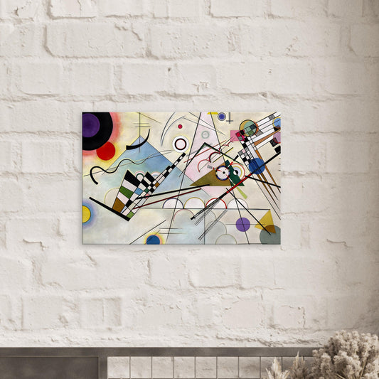 Canvas art reproduction of Kandinsky’s Composition 8, showcasing a bold abstract arrangement of geometric shapes, lines, and vibrant colors on a neutral background.