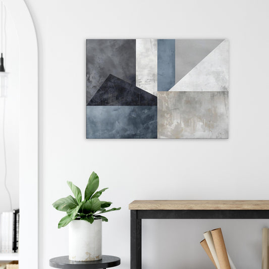 Landscape canvas with horizontal abstract layers of concrete grey, soft blue, and white forming architectural-inspired textures.