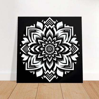 Black and white mandala artwork featuring simple geometric patterns with sharp contrast, embodying minimalist balance and harmony.