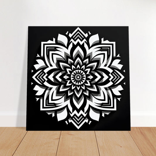 Black and white mandala artwork featuring simple geometric patterns with sharp contrast, embodying minimalist balance and harmony.