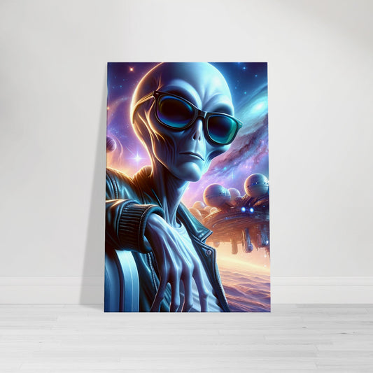 Canvas wall art of a stylish alien in sunglasses leaning on a futuristic structure with stars and nebulas in the background.