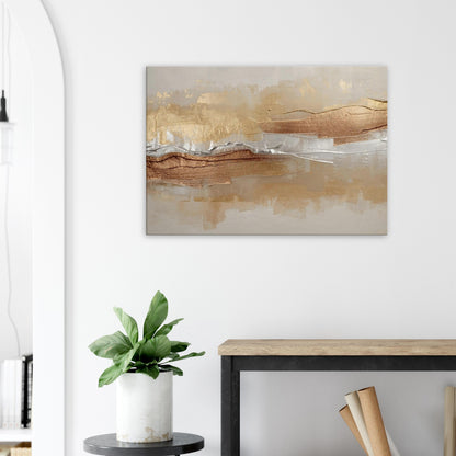 Landscape canvas with horizontal copper, caramel, cream, and taupe metallic layers forming modern abstract textures.