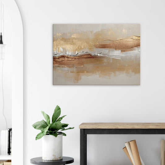 Landscape canvas with horizontal copper, caramel, cream, and taupe metallic layers forming modern abstract textures.