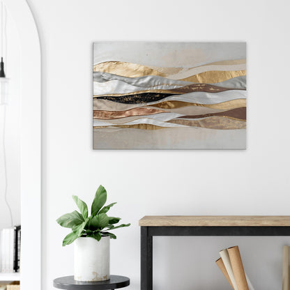 Landscape canvas with horizontal caramel, taupe, cream, and copper metallic layers forming modern abstract textures.