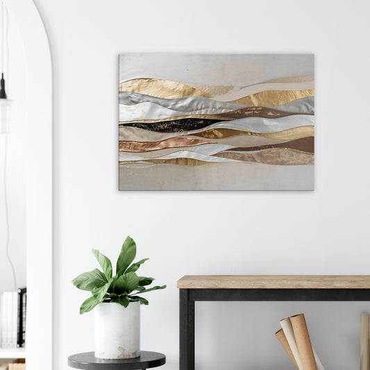 Landscape canvas with horizontal caramel, taupe, cream, and copper metallic layers forming modern abstract textures.