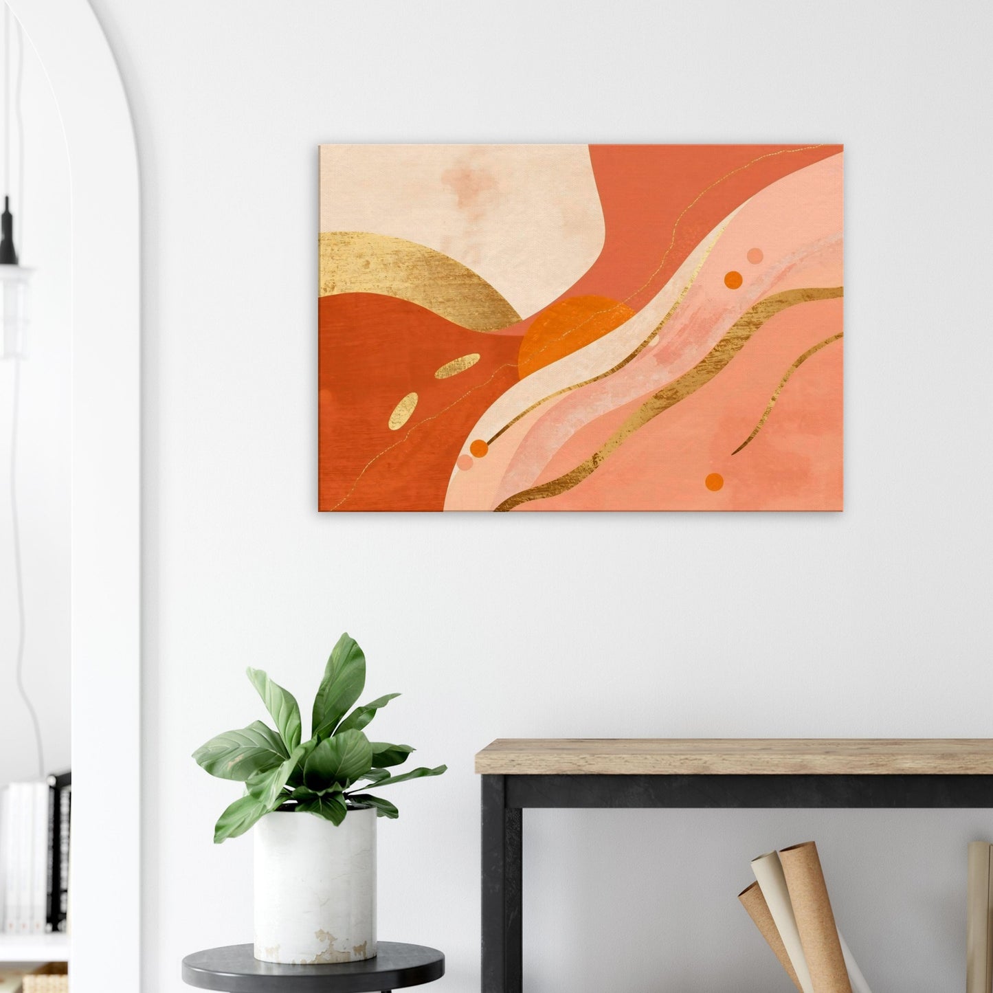 Warm coral and gold flowing abstract horizon canvas artwork with layered curves and soft dotted details.