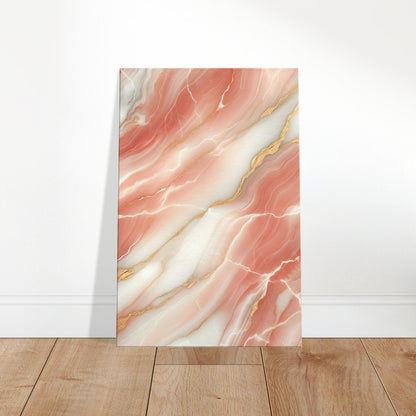 Coral pink marble wall art with white and gold veining and a polished finish for a soft, elegant look.