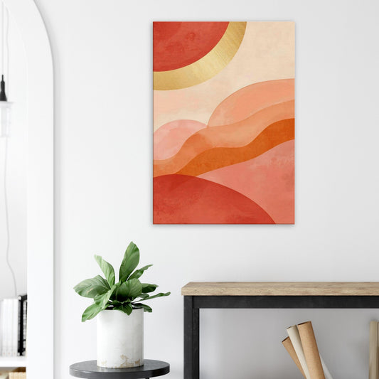 Canvas wall art showing warm coral, blush, and apricot flowing layers forming a soft upward sunset gradient.