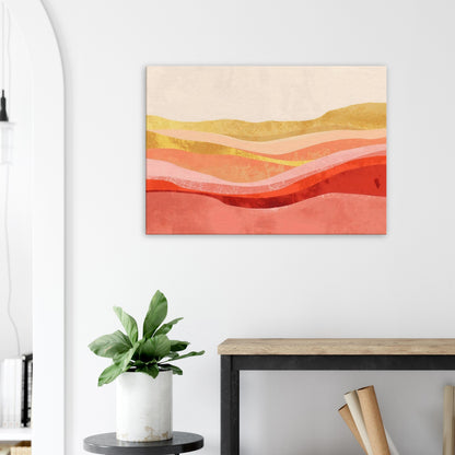 Warm coral and apricot abstract canvas artwork with flowing gradients and soft golden highlights.