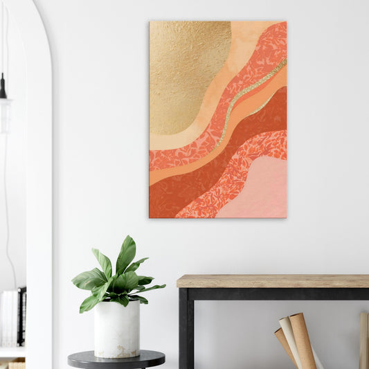 Canvas wall art showing flowing coral, gold, and sienna curved gradient layers ascending in a warm sunset palette.